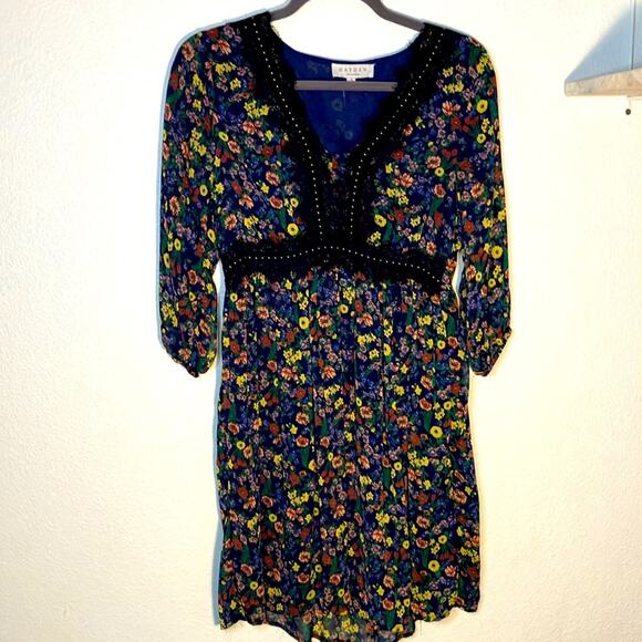 Hayden Bohemian V Neck Lace Studded Waist Floral 3/4 Dress Easter spring - Picture 1 of 5